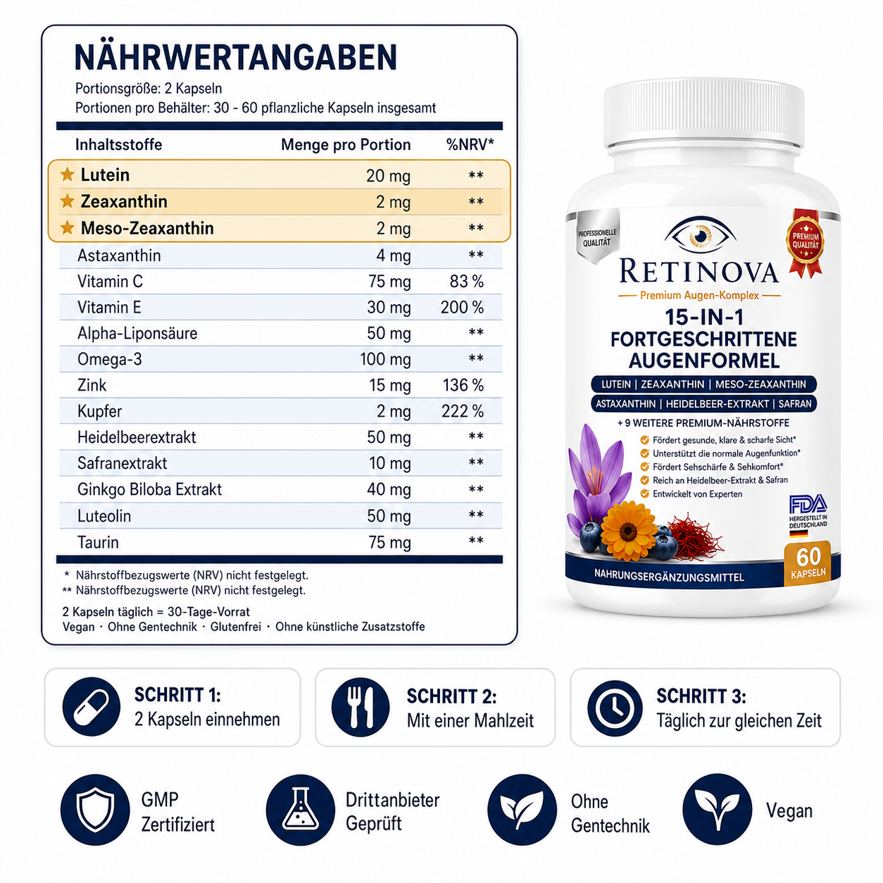 Retinova 15-in-1- Fortschrittliche Formel für die Augen
